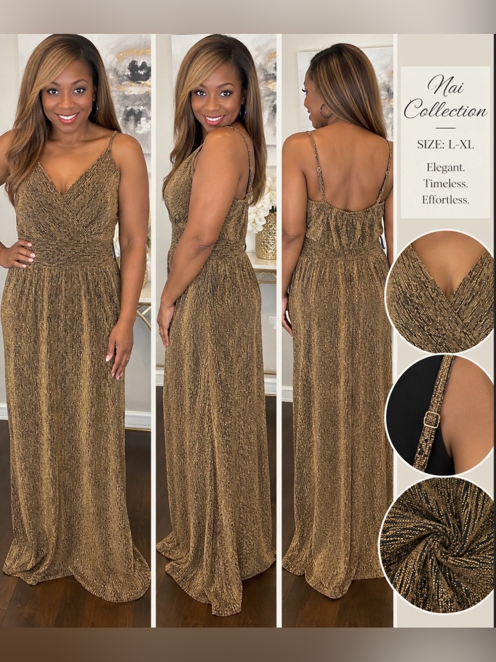 Nai Collection Shimmery Bronze-Gold Maxi Dress with Spaghetti Straps